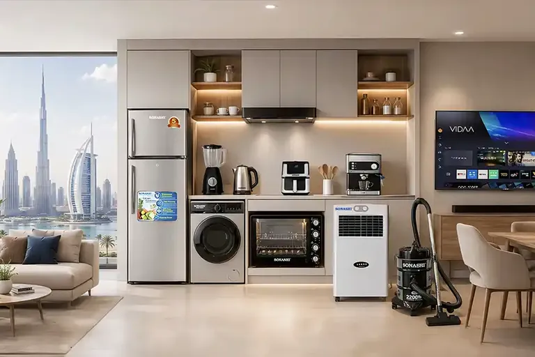 Modern UAE living room with Sonashi home appliances including refrigerator, washing machine, air fryer, vacuum cleaner, and smart TV